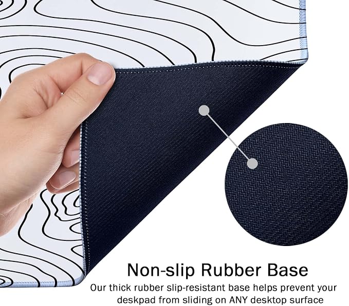 SSOIU White Topographic Desk Mat - Extended Gaming Mouse Pad (35.5x15.7 in), Large Non-Slip Rubber Base with Stitched Edges