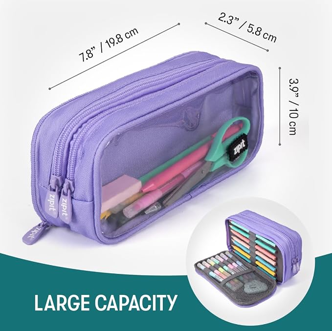 ZIPIT Half & Half Pencil Case for Girls, 3 Compartment Zipper Pouch for School, Stationery Bag for Teen and Adults, Purple