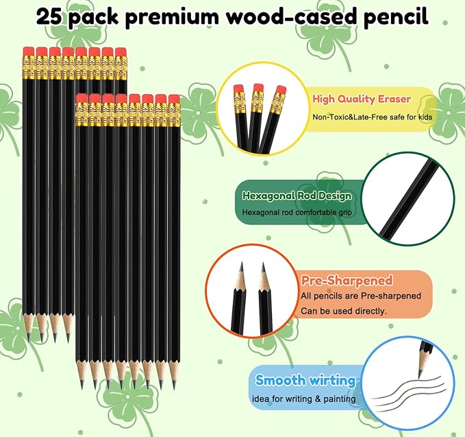 Adhere 25pcs Woodcase Pencils with Eraser Premium Pre-Sharpened Hexagon Graphite 2B pencils ideal for home, office writing including a Free Sharpener(Black・25pcs)