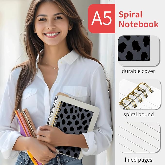 KZYVFNPQ Spiral Journal Notebook for Women Men, A5 Cute Hardcover Lined Notebook with Strong Binding,College Ruled Notebook for Office Work Writing(Black Leopard Spots)