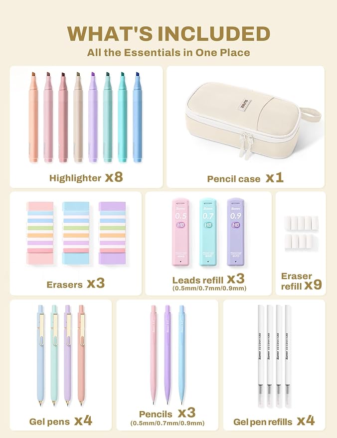 SUNEE 35PCS Aesthetic Stationery Set with Cute Pencil Case, Pastel Highlighters, Black Gel Pens, Mechanical Pencils & Refills, College School Supplies for Students Girls Beige