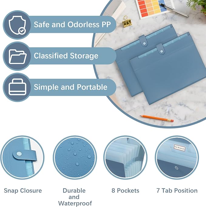 2Pack Accordion File Organizer Expanding File Folder with 8 Pockets Office | Letter Size Portable Paper Document Organizer for Office Home Business Supplies, Student classroom storage