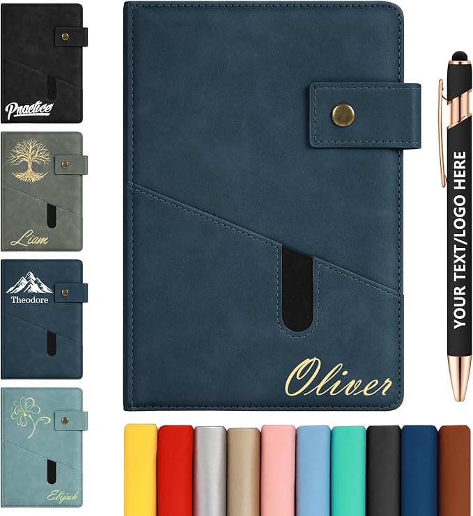 ENOMY Personalized Notebook & 10 PC Pens Set A5 Notebook with Ribbon Bookmark PU Leather Custom Notebook Cover for College Graduation Birthday Business Gifts, Dark Blue
