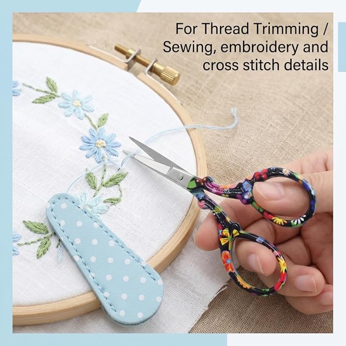 Classic 3.6" Sewing Scissors with Premium Leather Sheath-Hisuper Sharp Embroidery Scissors,Vintage Decorative Shears for Needlework,Cross Stitch,Crochet Accessories,Craft DIY Tool-Black Floral