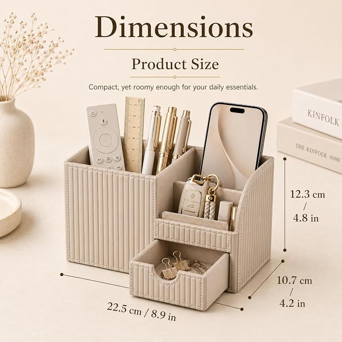 KINGFOM Luxury PU Leather Desk Organizer with Drawer, Modern Aesthetic Office Desk Accessories for Men & Women, Multi-Compartment Pen Holder & Desktop Storage Organizer for Home Office