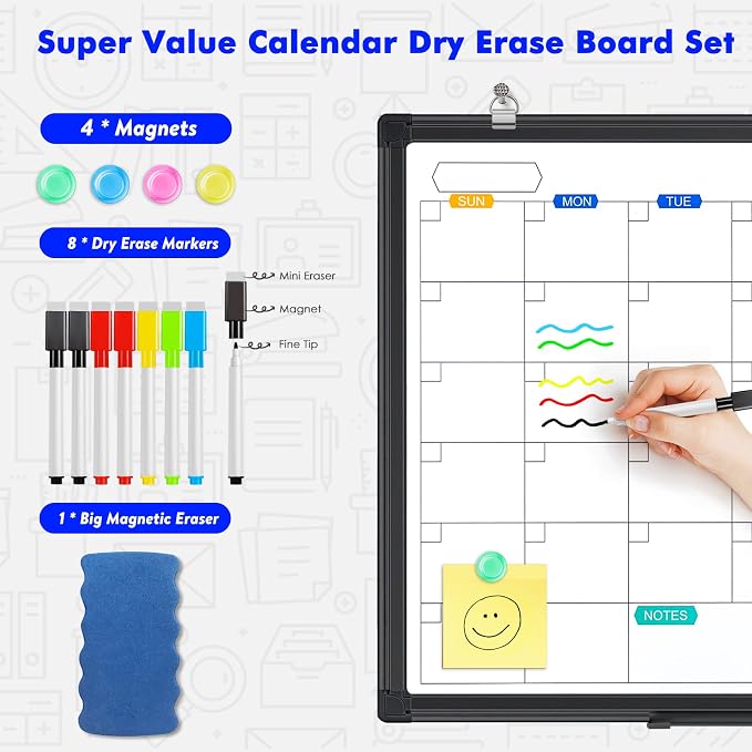 White Board Calendar Dry Erase for Wall, 24" x 18" Aluminum Frame（Black） | Magnetic Monthly Planner Board, Wall Mounted or Hanging. Calendar Design Suitable for Daily Planning of Home, Office, Class