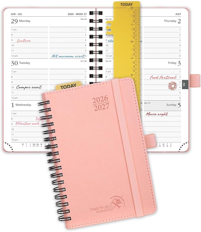 POPRUN Pocket Planner 2026-2027 (Size 4''x6.25'') Academic Pocket Calendar | Weekly Planner, Small Calendar Book(July 2026 - June 2027) with Hourly Time Slots, Spiral Leather Cover - Pink