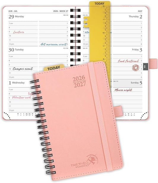 POPRUN Pocket Planner 2026-2027 (Size 4''x6.25'') Academic Pocket Calendar | Weekly Planner, Small Calendar Book(July 2026 - June 2027) with Hourly Time Slots, Spiral Leather Cover - Pink