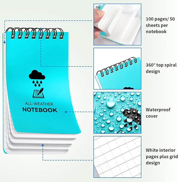 COIDEA 3 Pack Waterproof Notebook, 3 x 5 Pocket Notepad, All Weather Small Pocket Notebook Paper, Mini Spiral Notepad Police Notepad 100 Lined Pages for Outdoor Office