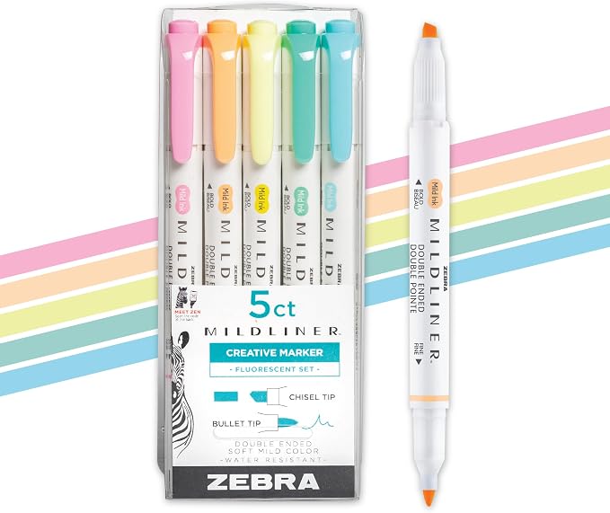 Zebra Pen Mildliner Dual-Tip Highlighter Marker Set, Broad and Fine Point Tips, No Bleed, Ideal for Bible Highlighting, Journaling and Note-Taking, Assorted Fluorescent Ink Colors, 5-Pack (78105)