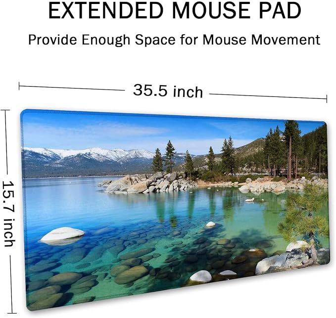 SSOIU Extended Mouse Pad, XXL Gaming Mouse Pads, Large Big Mousepad Laptop Computer Keyboard Mat Desk Pad with Non-Slip Base Stitched Edge for Gaming Office, 35.5 x 15.7 inch, Lake Tahoe