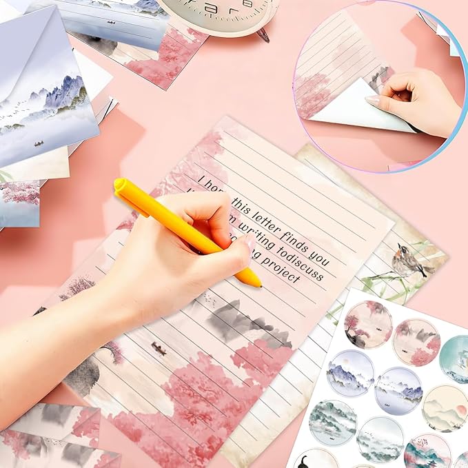 FUNCLASS 160 Pcs Ink Wash Stationery Set Letter and Envelopes | 50 Lined Stationery Paper and 50 Matching Envelopes , 5.5 x 8.25 Inches Letter Writing Stationery for Home, Office, School
