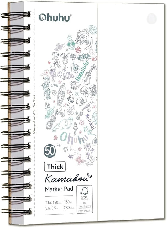 Ohuhu 5.5"x8.5" Double-Sided Bleedproof Marker Pad Art Sketchbook 50 Sheets | Small Sketch Book - 160 LB/280 GSM Smooth Drawing Paper - 50 Sheets/100 Pages - Spiral-Bound Sketch Pad for Alcohol Markers