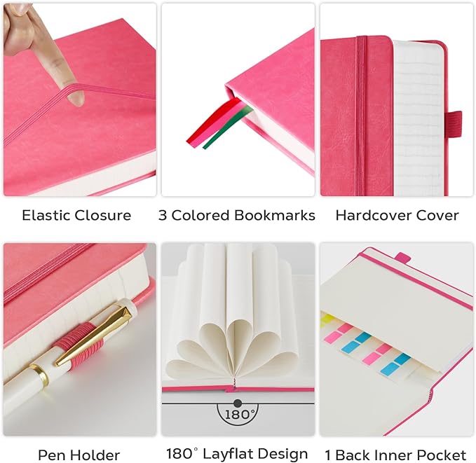 FOCUS DAY Bullet Lined Journal Notebook for Women/Men Writing Work, 320 Pages B5 Large Pink Leather Daily Diary Journals Note book College Ruled for Note Taking, 100Gsm Thick Paper, 7.1'' X 10''