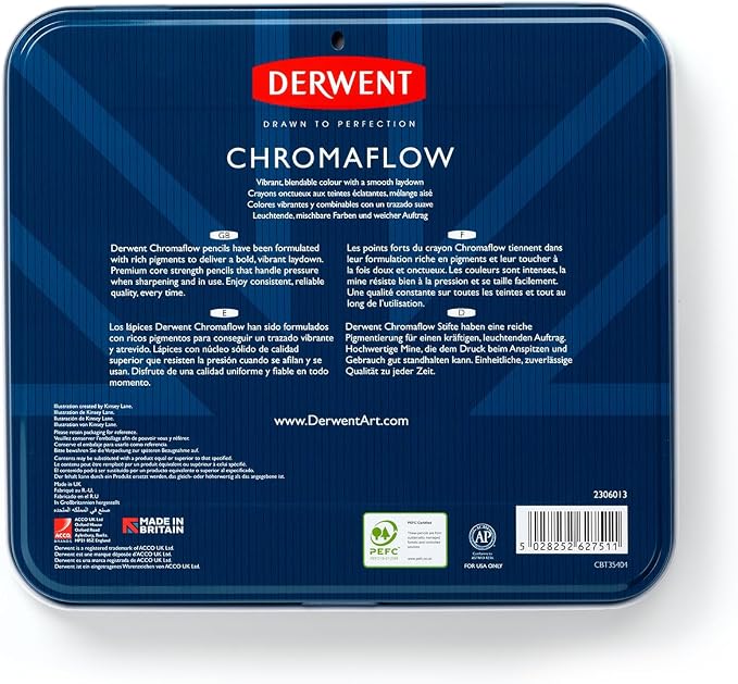 Derwent Chromaflow Colored Pencils Tin, Set of 48, Great for Holiday Gifts, 4mm Wide Core, Multicolor, Smooth Texture, Art Supplies for Drawing, Blending, Sketching, Professional Quality (2306013)