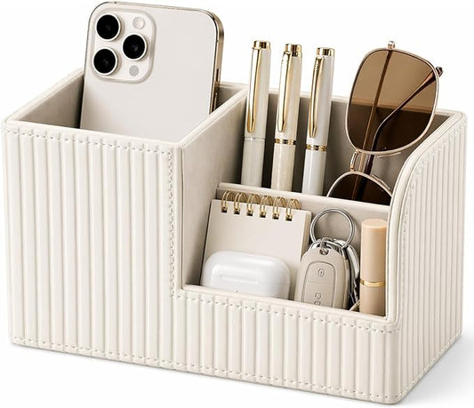 KINGFOM Desk Pen Organizer Office Supplies Caddy Pu Leather Multi-function Storage Box Pen/Pencil,Cell phone, Business Name Cards Remote Control Holder (Ivory White)
