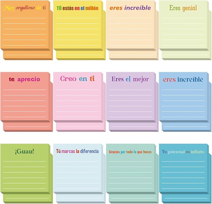 Yinder 24 Pcs Inspirational Sticky Notes, Back to School Supplies, Cute Motivational Sticky Notes Pad Employee Appreciation Gifts Bulk for Teacher Coworker Office 3 x 3'' (Spanish,Light)