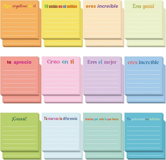 Yinder 24 Pcs Inspirational Sticky Notes, Back to School Supplies, Cute Motivational Sticky Notes Pad Employee Appreciation Gifts Bulk for Teacher Coworker Office 3 x 3'' (Spanish,Light)