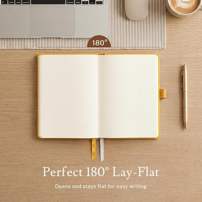 PAGELYST Dotted Journal Notebook, 200 Pages,4 Pack Leather Bullet Journal for Women Men, A5 Medium 5.7'' x 8.3'', 100 GSM Thick Paper for Journaling, Planning, Tracking (Yellow)