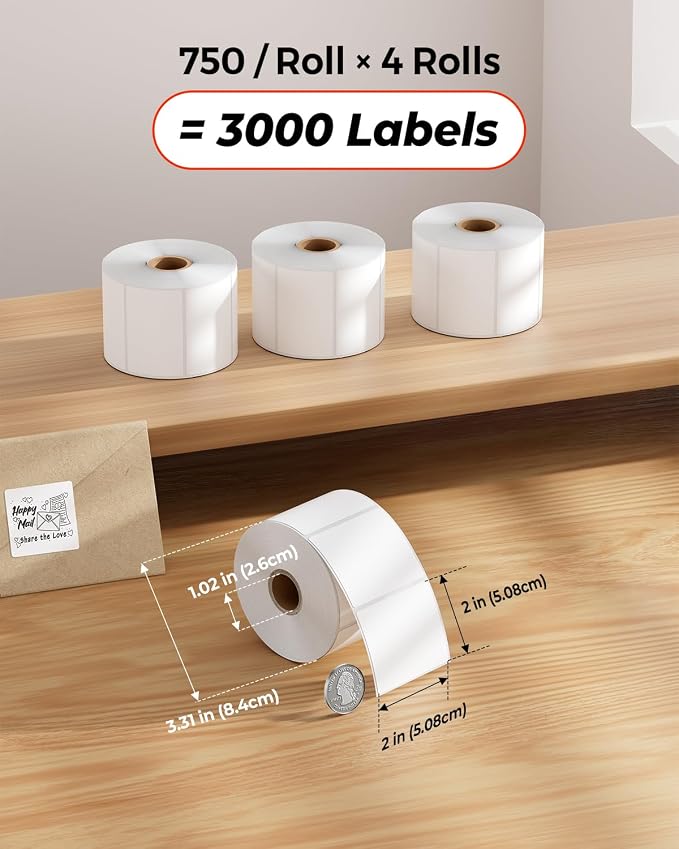 MUNBYN 2x2 Thermal Labels, 3000 Sheets/4 Roll，White | Strong Adhesive & Perforated, Non BPA&BPS for Small Business, Barcode, Bakery, Shipping