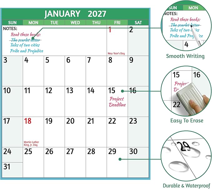 2026-2027 Dry Erase Calendar – Large Yearly Wall calendar, 38.2'' x 25.2'', 2-Side Reversible Calendar 2026-2027, Vertical/Horizontal, Jul 2026 – Jun 2027, Wall Calendar with Notes, Stickers – Multi