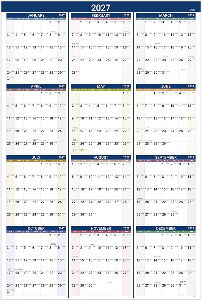 2027 Yearly Wall Calendar - Calendar 2027,Jan 2027 - Dec 2027, Yearly Planner, 34.3" x 22.8"(Open), Large Wall Calendar 27 with Premium Paper, Double-Sided Small Round Sticks, Azure