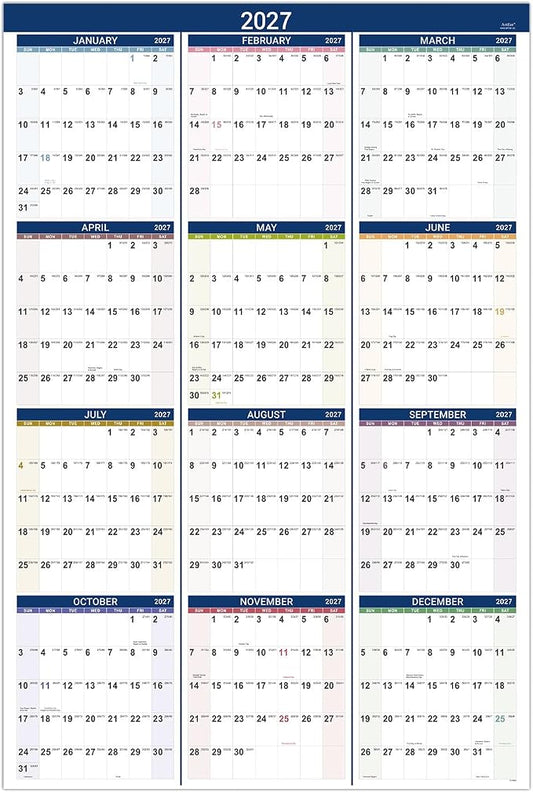 2027 Yearly Wall Calendar - Calendar 2027,Jan 2027 - Dec 2027, Yearly Planner, 34.3" x 22.8"(Open), Large Wall Calendar 27 with Premium Paper, Double-Sided Small Round Sticks, Azure