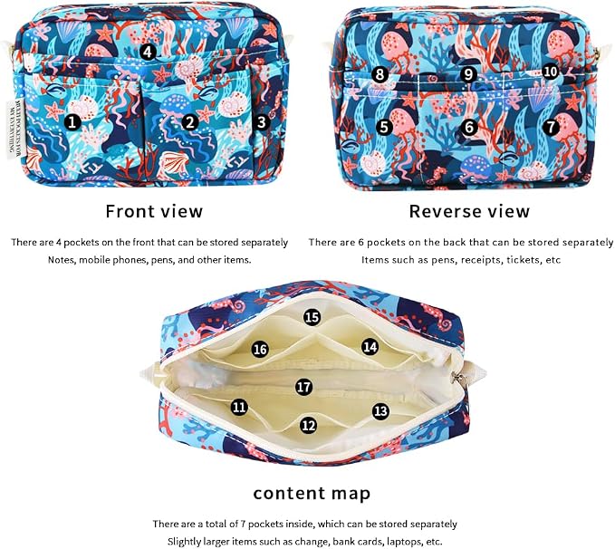 E-WEICHEN Multiple Pockets Portfolio Organizer with Zippered, Makeup Bag Travel Essentials for Women, Simple Waterproof Stationery Pencil Pouch Bag for Journal Office Art Supplies.Blue Jellyfish