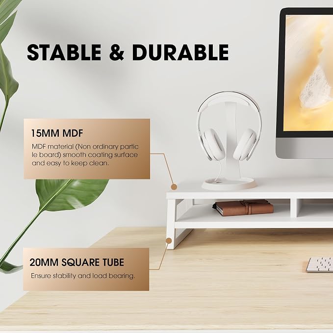 Fenge Dual Monitor Riser for Desk, Open Shelf with 3 Storage Compartments | 42.5in Computer Monitor Stand, 2-Tier Desk Shelf for Top of Desk,One-Piece Panel, fit Ultrawide Monitor, PC, Laptop, White