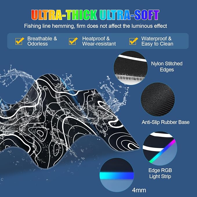 Mouse Pad with Phone Holder, Wireless Charging Desk Mat, RGB Gaming Mousepad Home Office Large Desk Pad with Ultra-Smooth Surface, Non-Slip Base, Waterproof Keyboard Pad,Topographic Black