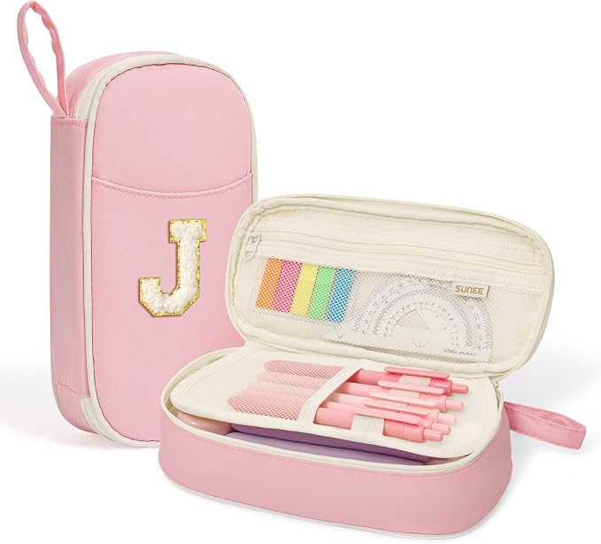 SUNEE Cute Pencil Case, Kawaii Big Capacity Pencil Pouch, Personalized Initial Pencil Bag with Zipper, Stationery Storage and Organizer, Back to School Supplies, Pen Box for Girls & Boys, Teen, J-Pink