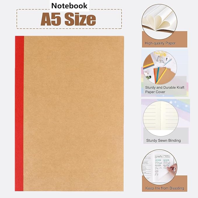 12 Pack Notebooks Lined Journal Bulk Writing Diary Planner with Thick Paper, 60 Pages, 30 Sheets, 8.3x5.5 inch for Home, Office or School Supplies, A5 Kraft Notebook