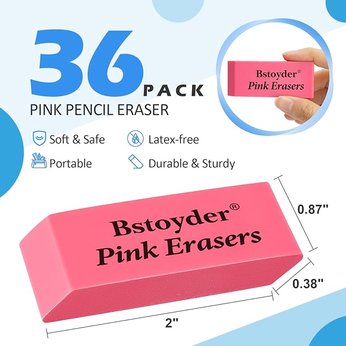 Pink Erasers Bulk, 36 Pack Rubber Pencil Erasers Bulk for School/Office, Latex-Free Smudge-Free Soft Bevel Erasers for Students, Bulk School Supplies for Classrooms, Teachers, Home, Office, Art Class