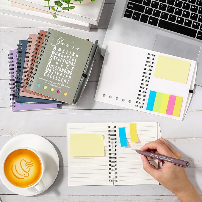 Jetec 20 Pcs/10 Sets Back to School Teacher Gifts Motivational Spiral Notebook with Sticky Notes Pen Bulk Inspirational Journals Thank You Gift for Employee Coworker Birthday Party (Morandi Earth)