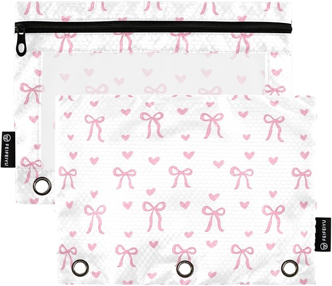Gredecor 3 Ring Binder Pencil Pouch, Cute Bows Pink Bow Zippered Pen Case Pouches with Clear Window, 2 Pack Stylish Office & School Supplie