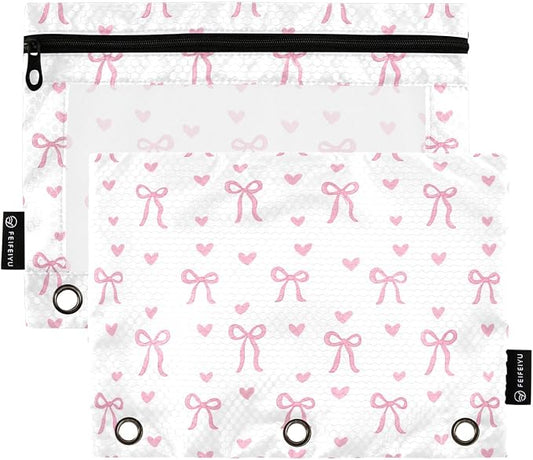 Gredecor 3 Ring Binder Pencil Pouch, Cute Bows Pink Bow Zippered Pen Case Pouches with Clear Window, 2 Pack Stylish Office & School Supplie