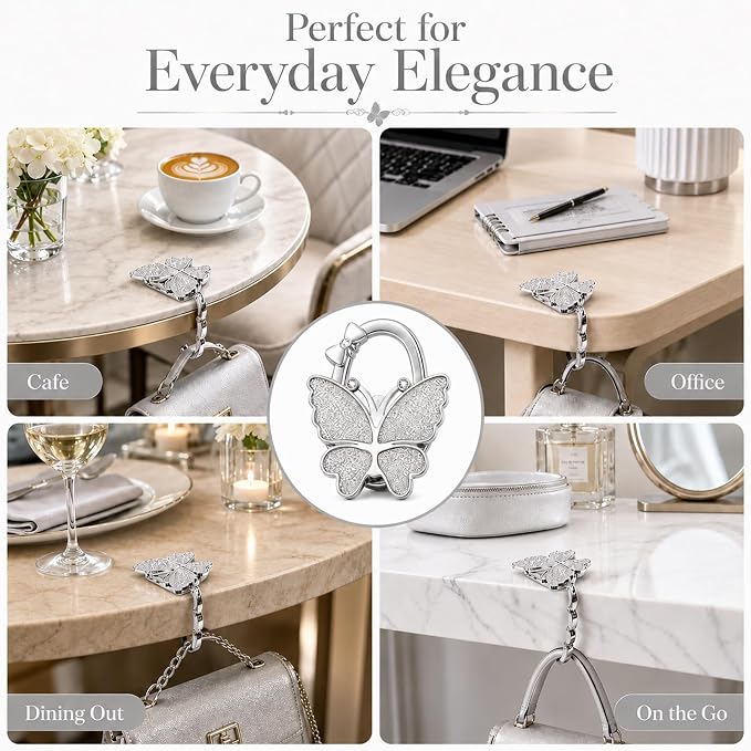 Purse Hook for Table, Foldable Handbag Hanger for Women, Portable Bag Holder with Non-Slip Base, Cute White Glitter Butterfly Purse Table Hook for Restaurant Office Travel Gift