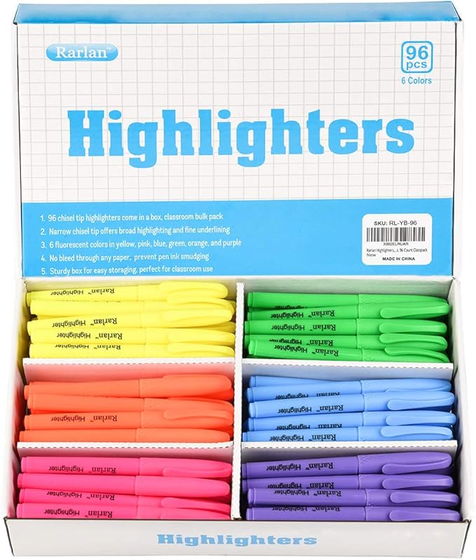 Rarlan Highlighters, Chisel Tip, Assorted Fluorescent, 96 Count Bulk Pack | Highlighters Assorted Colors for Classroom & Office, Study Essentials, Ideal for Back to School and Teacher Supplies