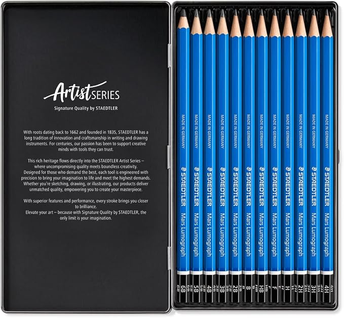 STAEDTLER Mars Lumograph Art Drawing Pencils (12-Pack) – Sustainable, Break-Resistant Graphite, Metal Case