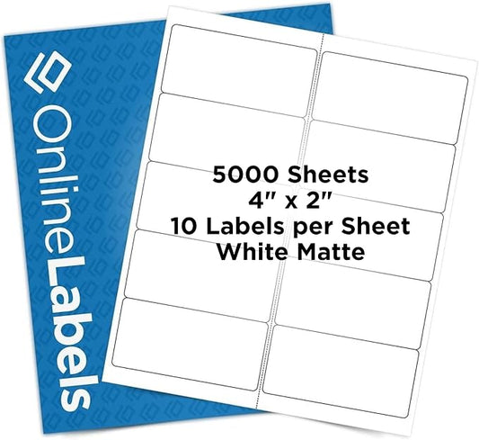 OnlineLabels 4" x 2" Rectangle Mailing Labels - White Matte - 5,000 Sheets | Permanent Adhesive, Blank Rectangle Labels, Inkjet and Laser Compatible, Ideal for Mailing & Address Labels