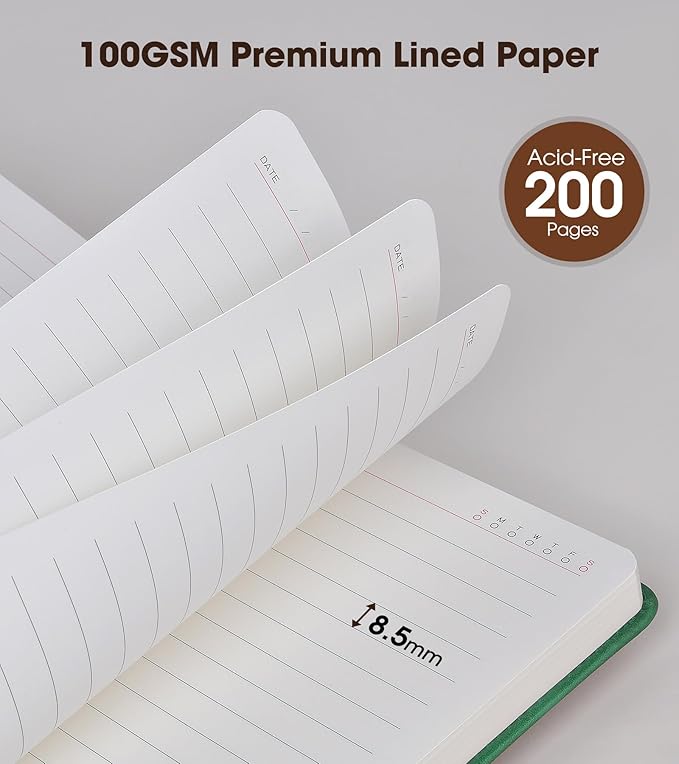 Lined Journal Notebook with Pen, A5 Personalized Hardcover Leather Journal for Men Women, 200 Pages 100 GSM Thick Paper College Ruled Notebooks for Work Travel School Writing Diary 5.9" X 8.4" Green