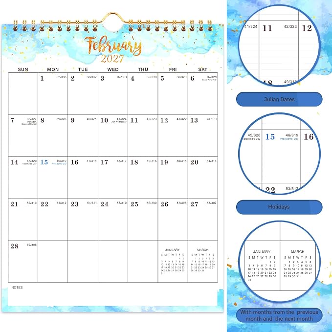 Calendar 2026-2027 - Wall Calendar 2026-2027, 8.5" x 11", Jul 2026 - Dec 2027, 18 Months Calendar Wall with Hanging Hook, Holidays and Julian Dates - Colorful Waterink