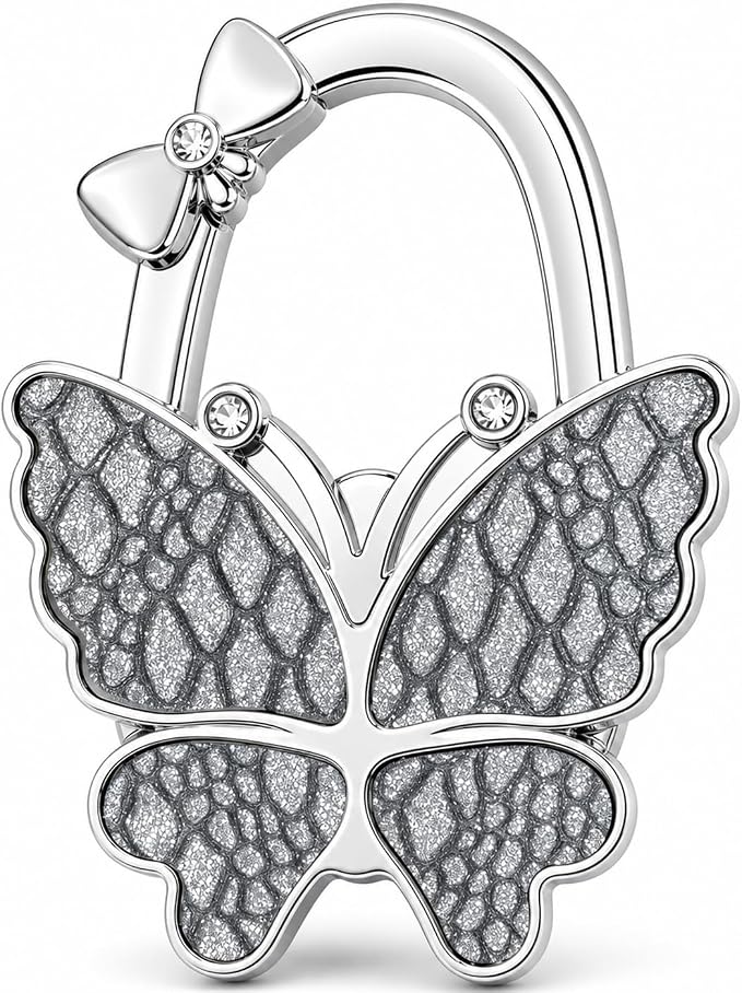 Purse Hook for Table, Foldable Handbag Hanger for Women, Portable Bag Holder with Non-Slip Base, Cute Lychee Grey Butterfly Purse Table Hook for Restaurant Office Travel Gift