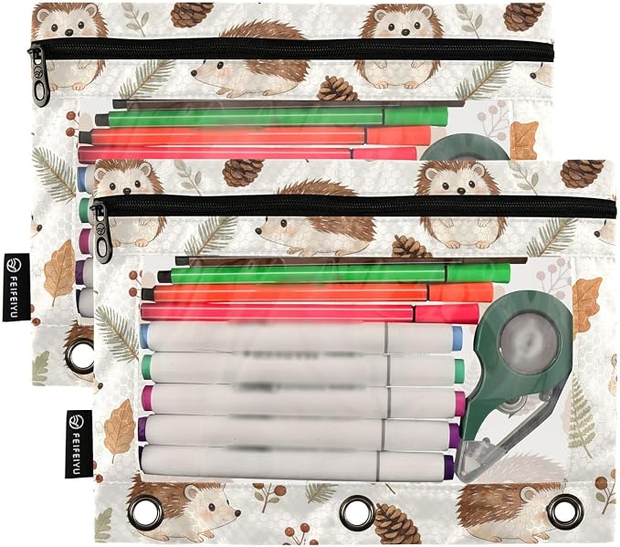 Hedgehog Pencil Pouches for 3 Ring Binder, Zipper Binder Pencil Case, 2 Pack Clear Window Case Bag for Office Organizers