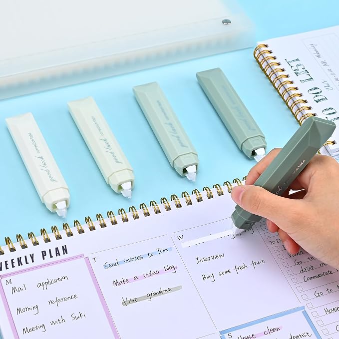 Temiary 5 Pcs White Correction Tapes, Aesthetic Correction Tape Pens Smooth Pull Out, Easy to Use Pen Shaped Applicator for Students School Office Supplies (Green)