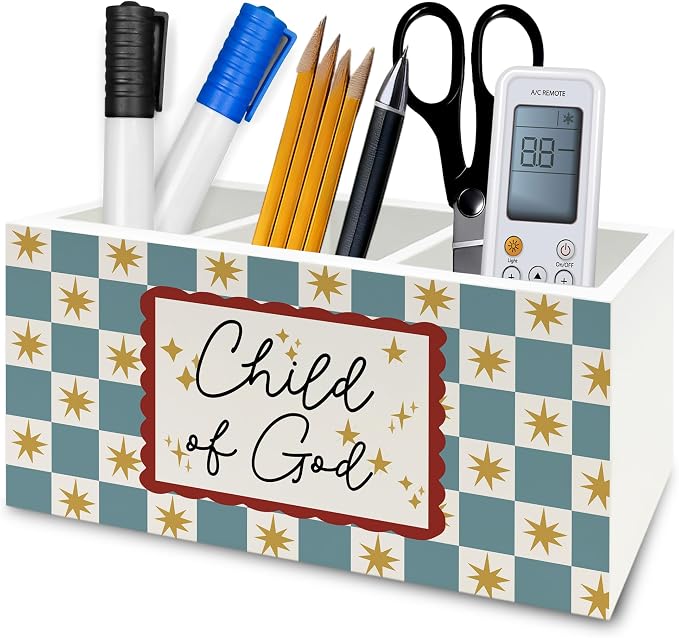 Christian Kids Pen Pencil Holder Organizer for Desk, Retro Blue Checkered Bible Verse Wooden Box Signs Decorations for Boys Girls Room Bedroom Desk Tabletop, Christian Gifts for Kids