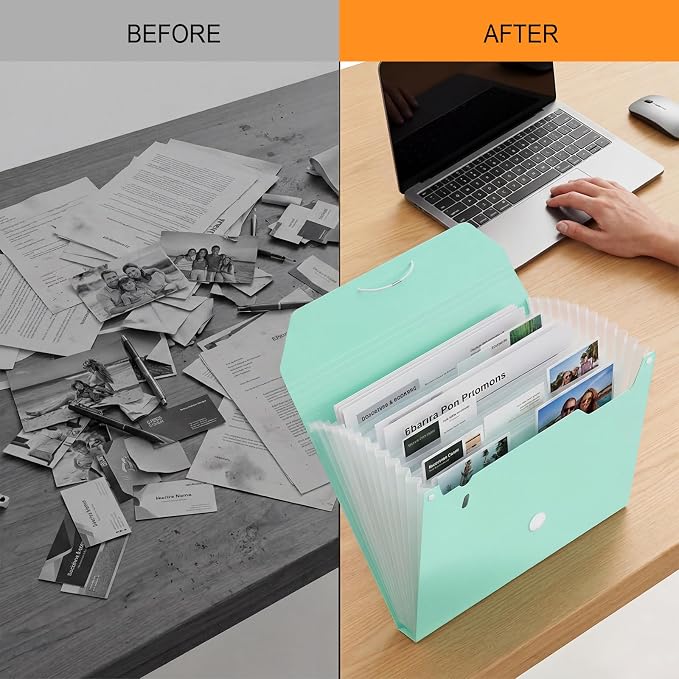 Comix Accordion File Organizer, 13 Pocket, Green | Expanding File Folder, A4/Letter Size Documents, Includes Labels, For Office, Home, School