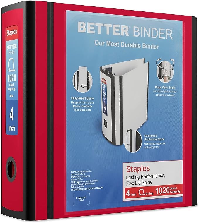 Staples Better Binder, 4" D‑Ring 3‑Ring View Binder, Red, Reinforced Spine, High‑Capacity Binder for School, Office & Home Use