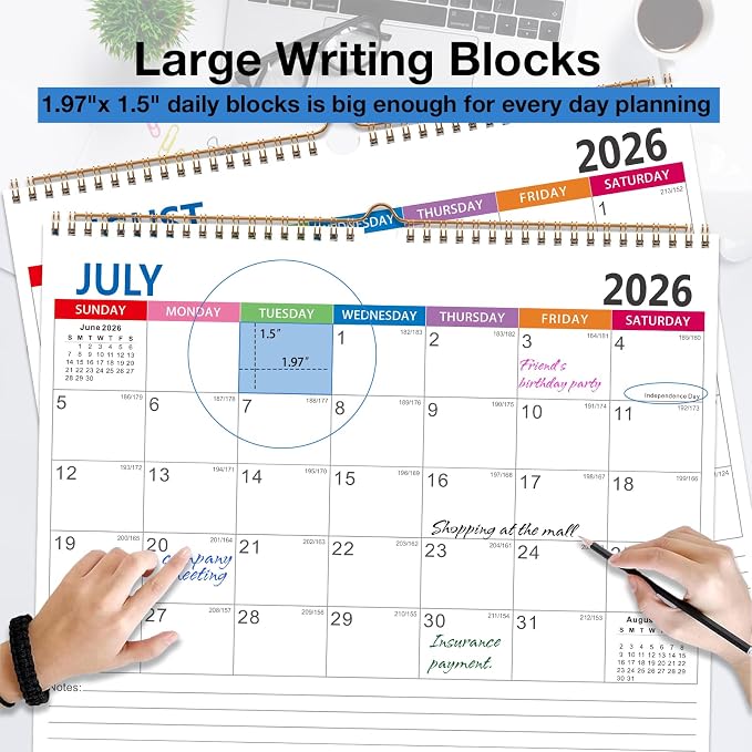 Wall Calendar 2026-2027 - 18 Month Wall Calendar july 2026-2027 Dec, 14" x 11", Thick Ppaer, Twin-Wire Binding, Home or Office Calendar for Easy Organizing