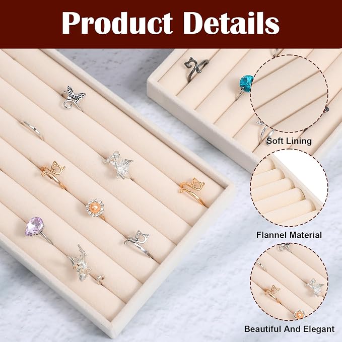 8 Pcs Velvet 7 Slots Ring Earrings Trays Showcase Display Jewelry Organizer Ring Holder Display Tray for Selling Rings Earrings Show (Beige)